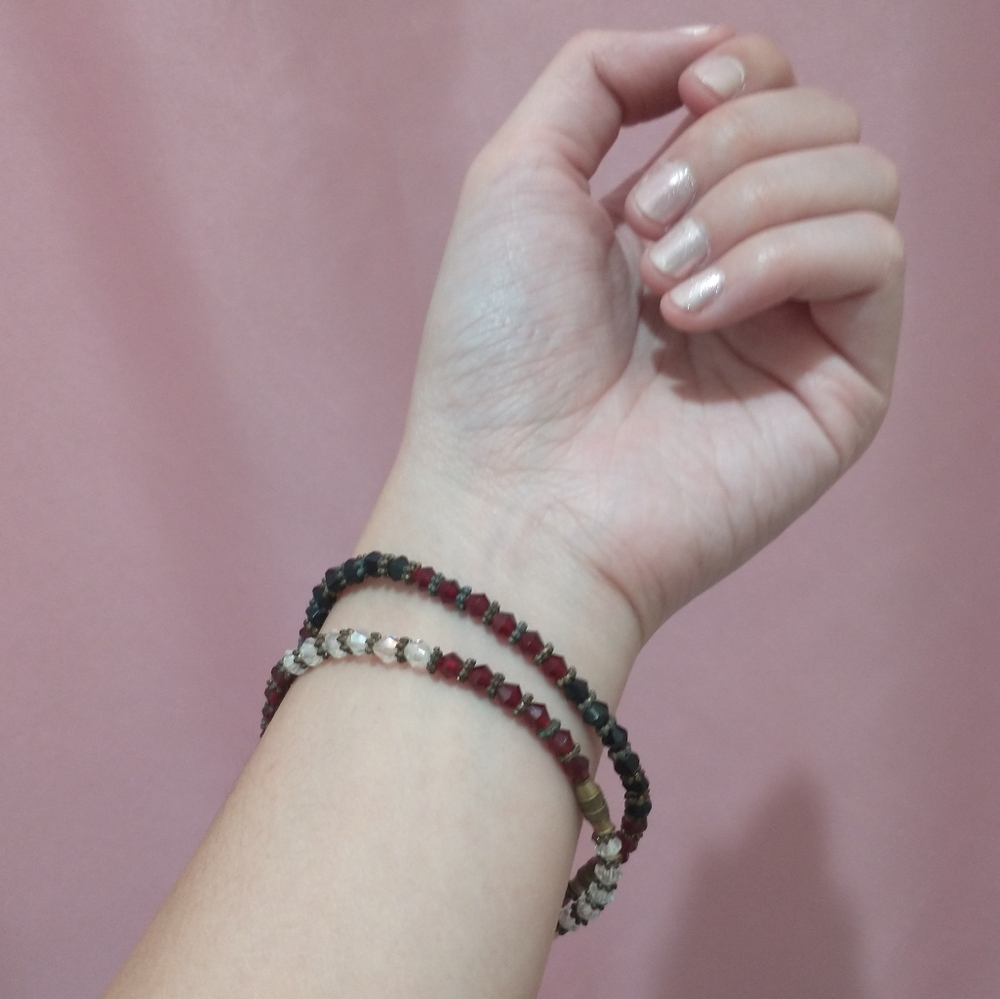 Black, Red, and Clear Crystal-like Beaded Bracelets